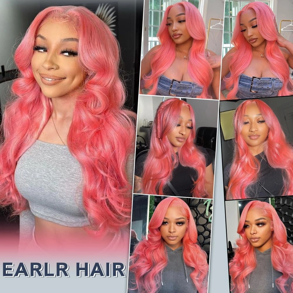 20 Inch Pink Lace Front Wig Human Hair 13x4 HD Lace Pink Body Wave Wig Human Hair Pre Plucked Colored Body Wave Wig For Women 150% Density Strawberry Body Wave Lace Front Wig