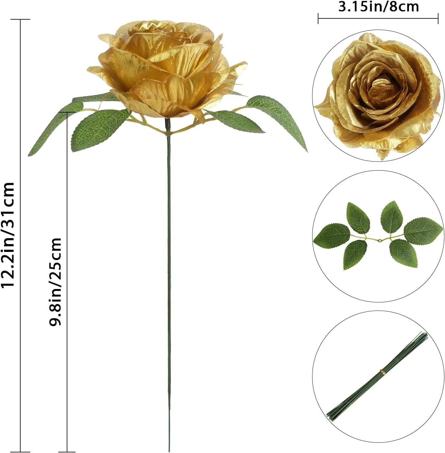 20pcs Gold Roses Artificial Flowers Fake Roses Real Looking Silk Flowers Bulk Big Faux Roses with Stems for Wedding Centerpieces Table Home Party Decorations Bridal Floral Arrangements (Gold)