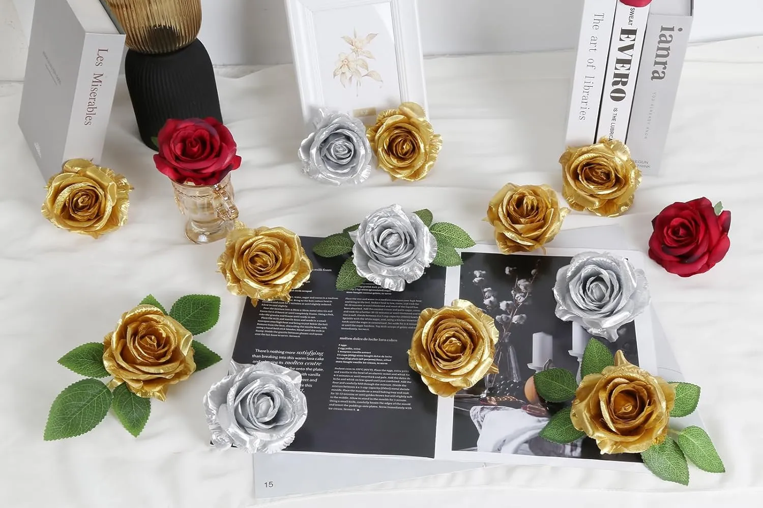 20pcs Gold Roses Artificial Flowers Fake Roses Real Looking Silk Flowers Bulk Big Faux Roses with Stems for Wedding Centerpieces Table Home Party Decorations Bridal Floral Arrangements (Gold)