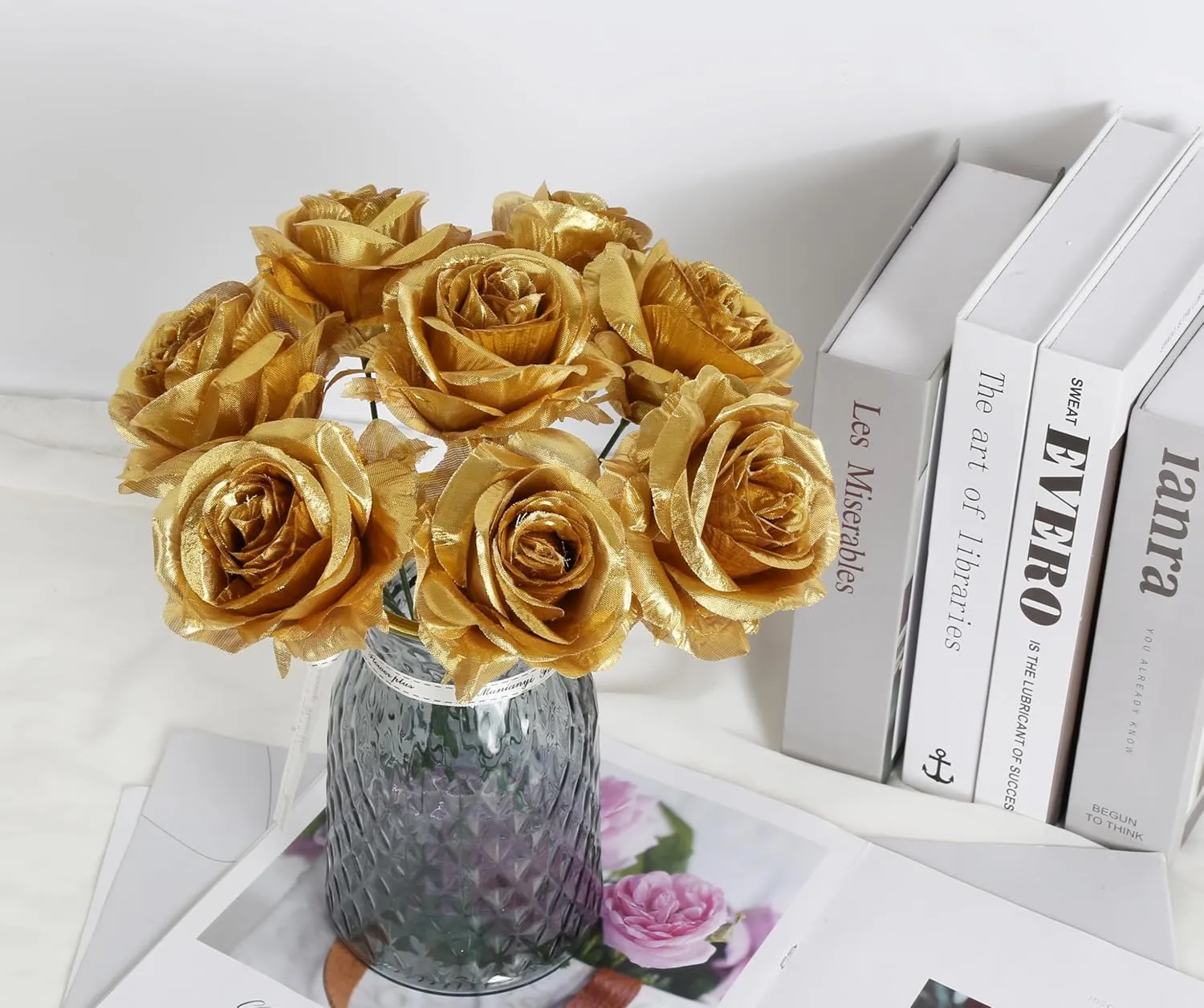 20pcs Gold Roses Artificial Flowers Fake Roses Real Looking Silk Flowers Bulk Big Faux Roses with Stems for Wedding Centerpieces Table Home Party Decorations Bridal Floral Arrangements (Gold)