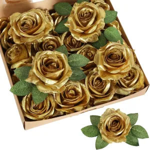 20pcs Gold Roses Artificial Flowers Fake Roses Real Looking Silk Flowers Bulk Big Faux Roses with Stems for Wedding Centerpieces Table Home Party Decorations Bridal Floral Arrangements (Gold)