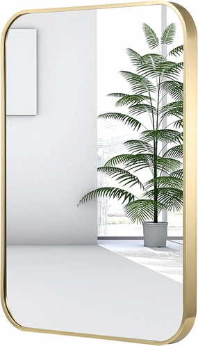 22x30 Inch Gold Bathroom Mirror, Brushed Brass Gold Metal Framed Rectangular Mirror with Rounded Corner, Bathroom Vanity Mirror for Bedroom or Living Room, Horizontal/Vertical