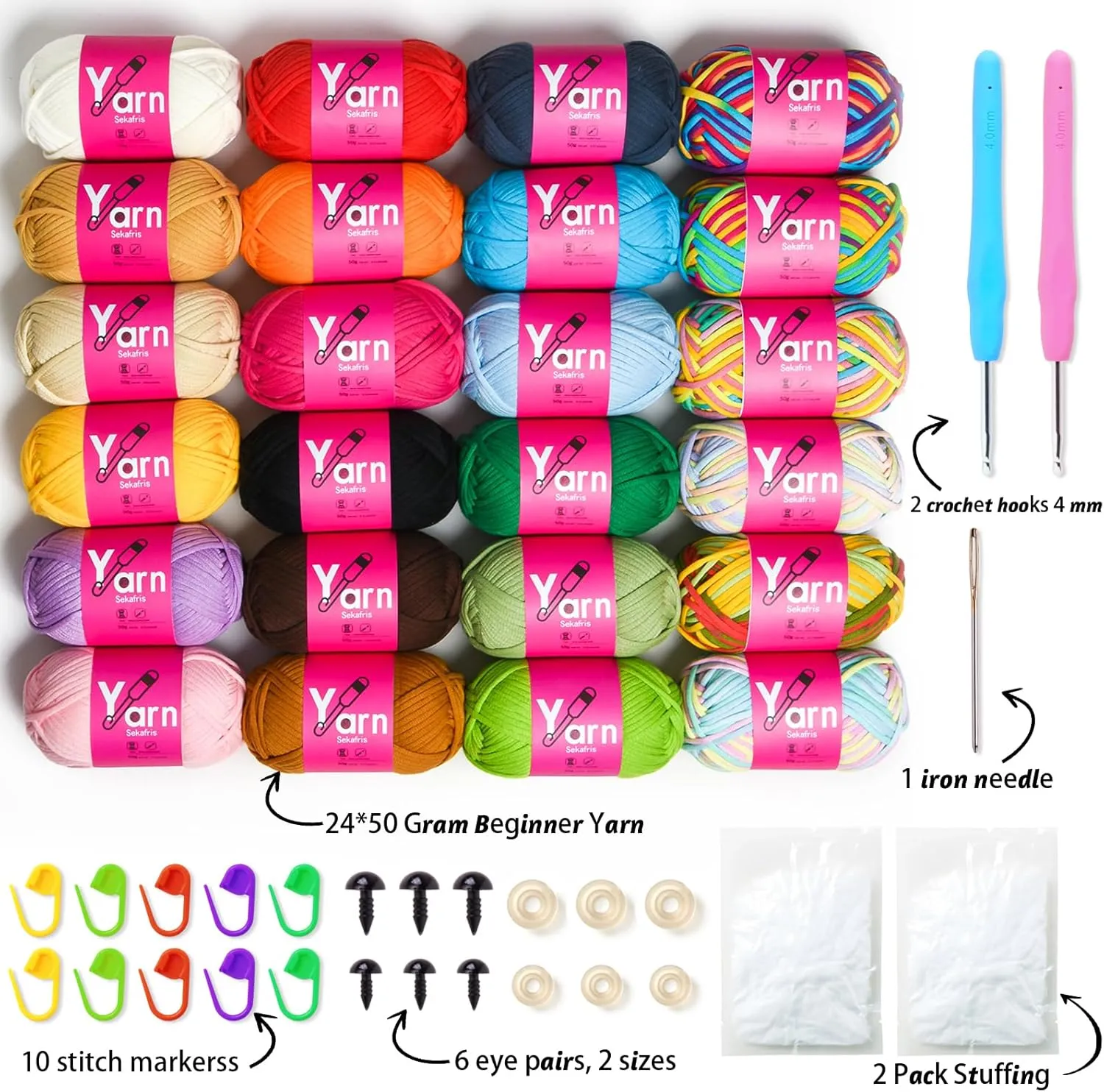24 Pack Crochet Yarn Beginner - Black White Orange Red Green Rainbow Pink Cotton Chunky Yarn - with Easy-to-See Stitches Beginner Yarn for Crocheting - Amigurumi Yarn Set(24 * 50g) D