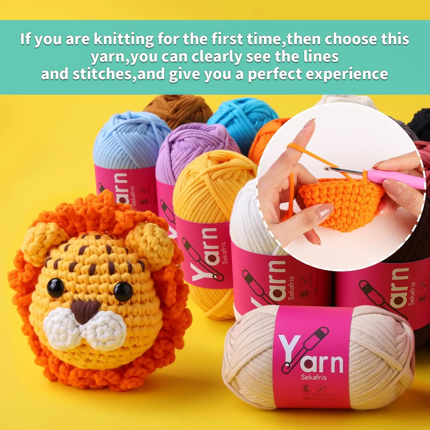 24 Pack Crochet Yarn Beginner - Black White Orange Red Green Rainbow Pink Cotton Chunky Yarn - with Easy-to-See Stitches Beginner Yarn for Crocheting - Amigurumi Yarn Set(24 * 50g) D