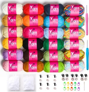24 Pack Crochet Yarn Beginner - Black White Orange Red Green Rainbow Pink Cotton Chunky Yarn - with Easy-to-See Stitches Beginner Yarn for Crocheting - Amigurumi Yarn Set(24 * 50g) D