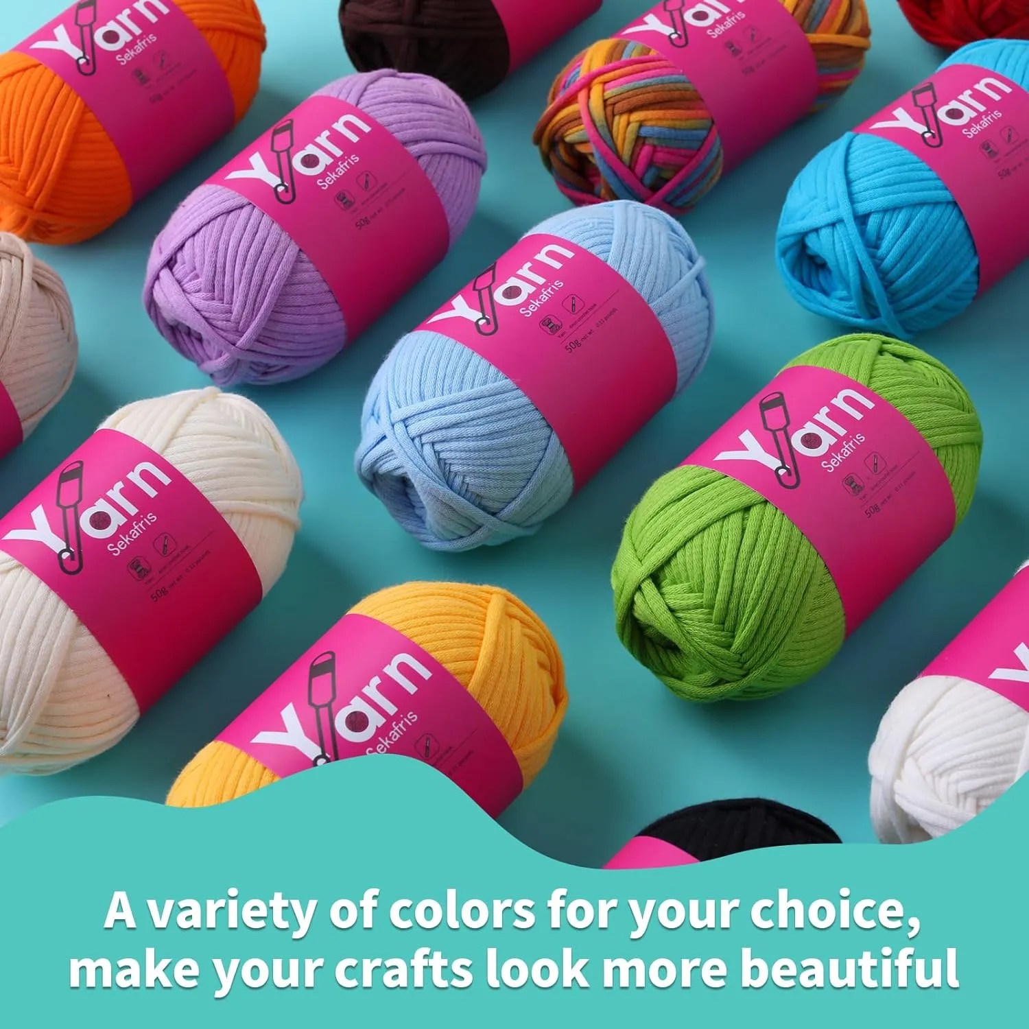24 Pack Crochet Yarn Beginner - Black White Orange Red Green Rainbow Pink Cotton Chunky Yarn - with Easy-to-See Stitches Beginner Yarn for Crocheting - Amigurumi Yarn Set(24 * 50g) D