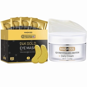 24K Gold Under Eye Patches (25 Pairs) & Q10 Anti-Wrinkle Day Cream, Face Moisturizer for Firming, Hydrating & Anti-Aging Skincare
