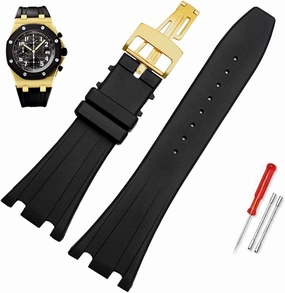 28mm Black Soft Silicone Rubber Watch Strap Bracelet Wristband for AP Royal Oak Watchband Belt 40mm 42mm (Color : A- Black Gold, Size : 28mm)