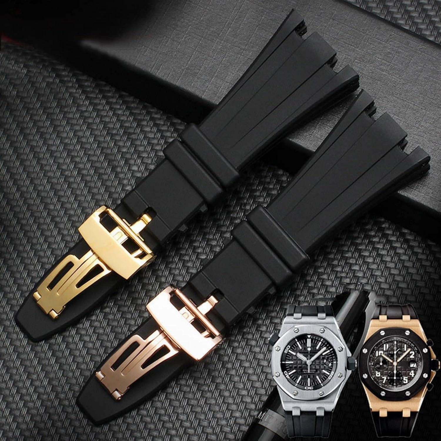 28mm Black Soft Silicone Rubber Watch Strap Bracelet Wristband for AP Royal Oak Watchband Belt 40mm 42mm (Color : A- Black Gold, Size : 28mm)