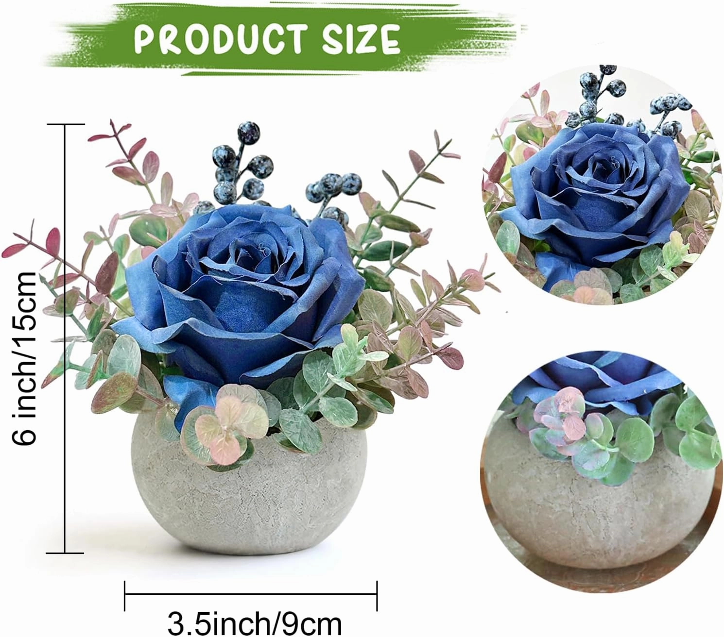 2 Pack Artificial Flowers with Pot, Blue Rose with Eucalyptus Fake Potted Flowers Small Faux House Plants for Indoor Home Office Room Desk Shelf Table Centerpieces