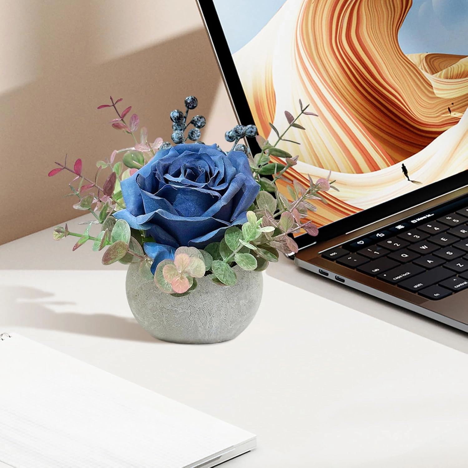 2 Pack Artificial Flowers with Pot, Blue Rose with Eucalyptus Fake Potted Flowers Small Faux House Plants for Indoor Home Office Room Desk Shelf Table Centerpieces