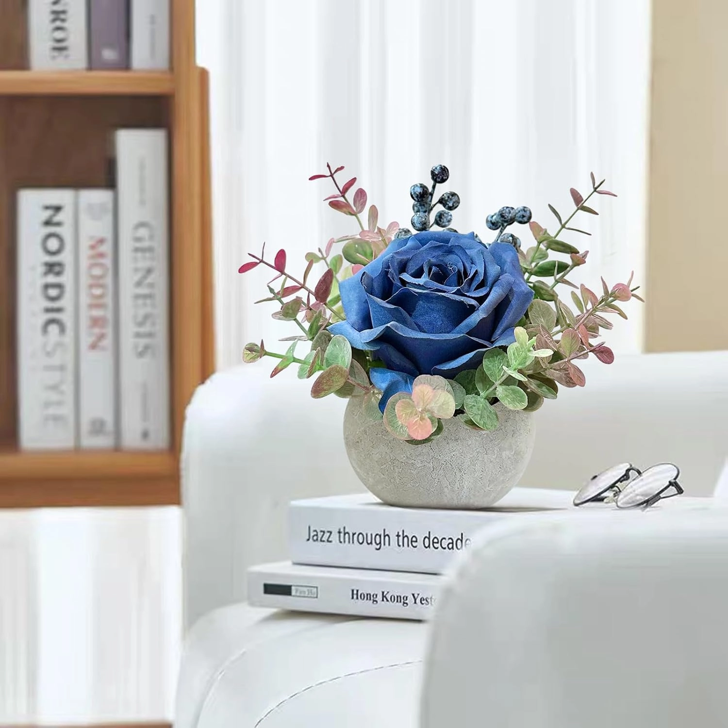 2 Pack Artificial Flowers with Pot, Blue Rose with Eucalyptus Fake Potted Flowers Small Faux House Plants for Indoor Home Office Room Desk Shelf Table Centerpieces