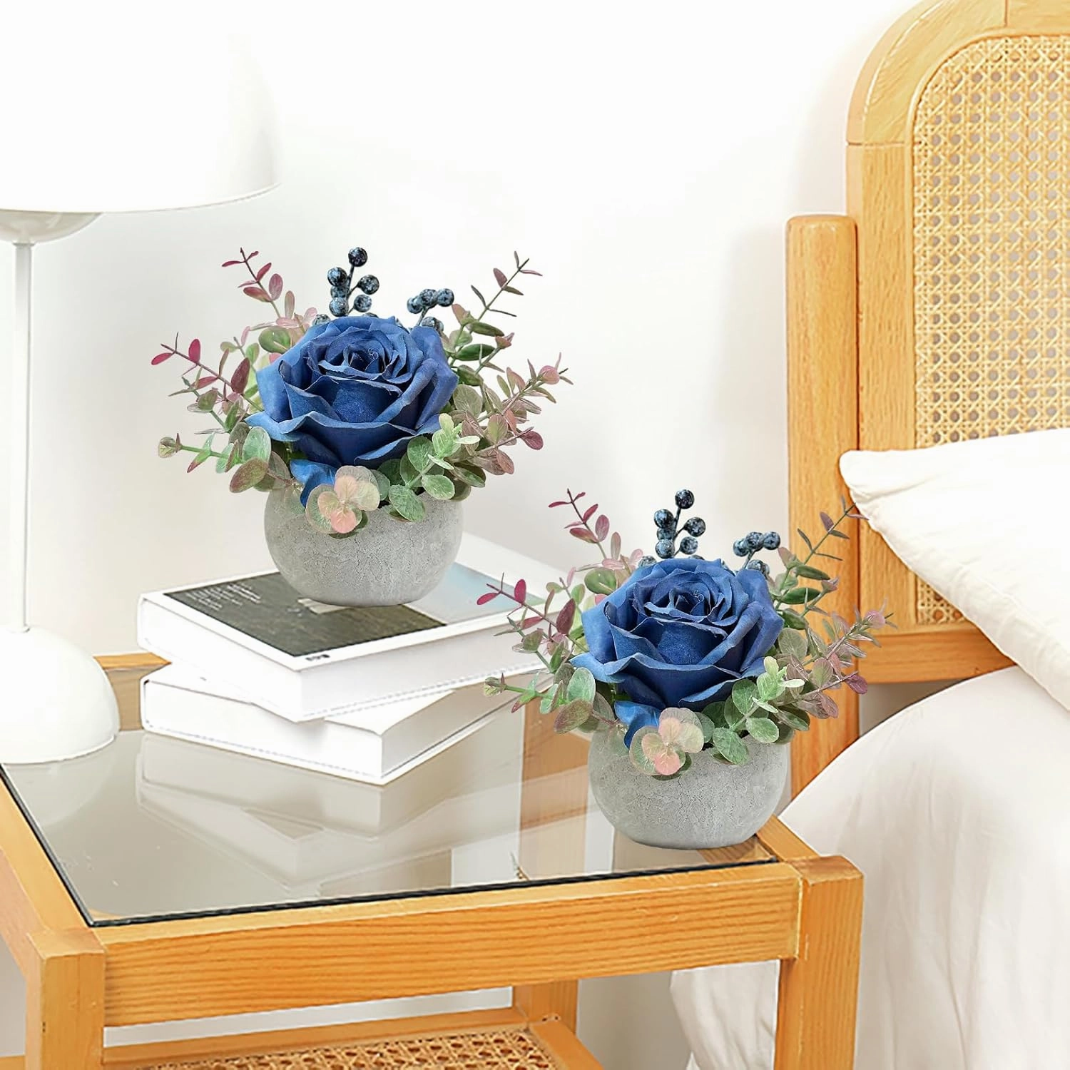 2 Pack Artificial Flowers with Pot, Blue Rose with Eucalyptus Fake Potted Flowers Small Faux House Plants for Indoor Home Office Room Desk Shelf Table Centerpieces