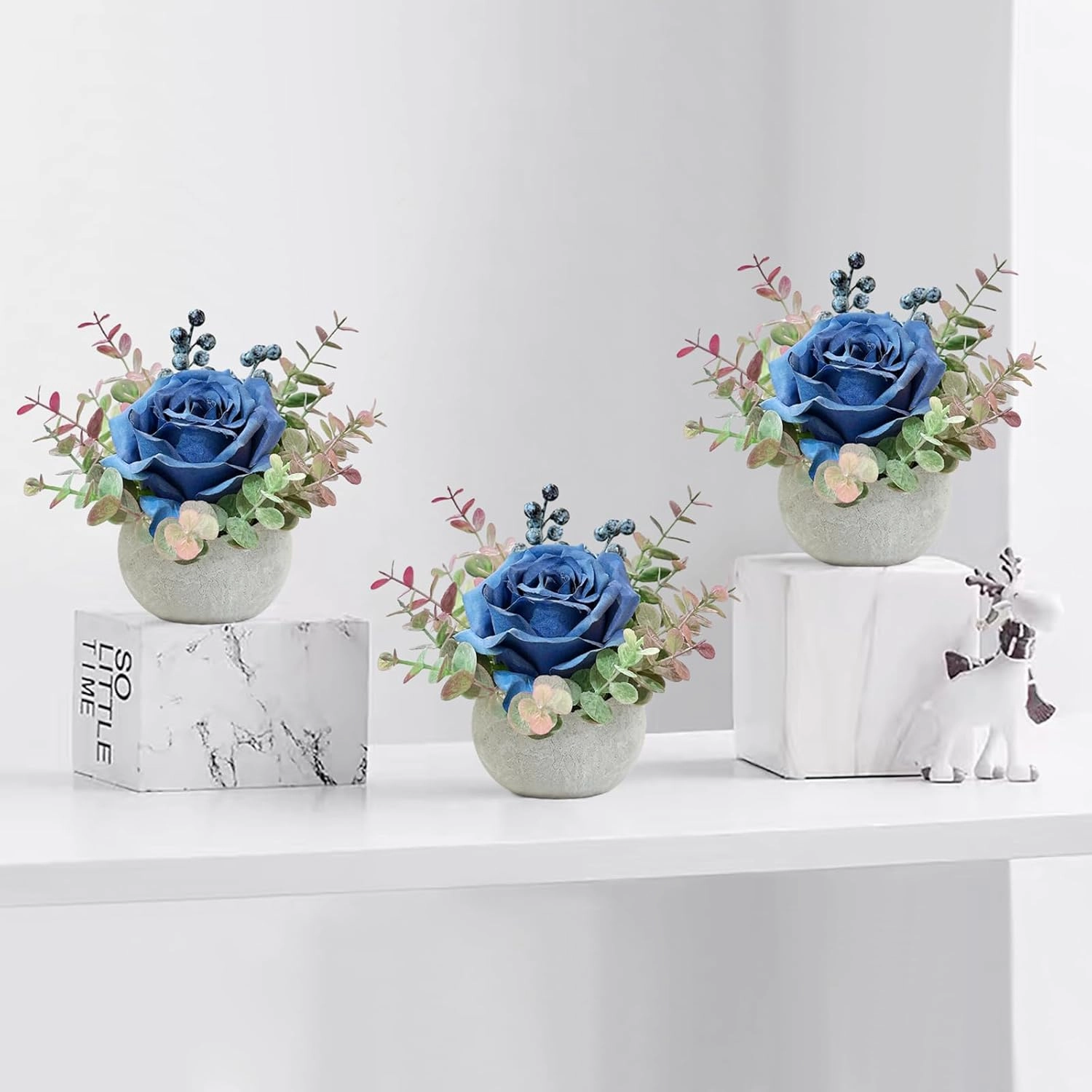 2 Pack Artificial Flowers with Pot, Blue Rose with Eucalyptus Fake Potted Flowers Small Faux House Plants for Indoor Home Office Room Desk Shelf Table Centerpieces