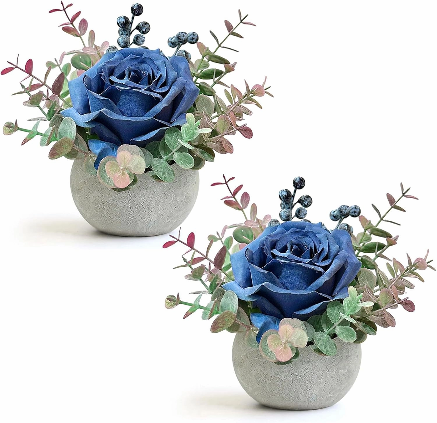 2 Pack Artificial Flowers with Pot, Blue Rose with Eucalyptus Fake Potted Flowers Small Faux House Plants for Indoor Home Office Room Desk Shelf Table Centerpieces