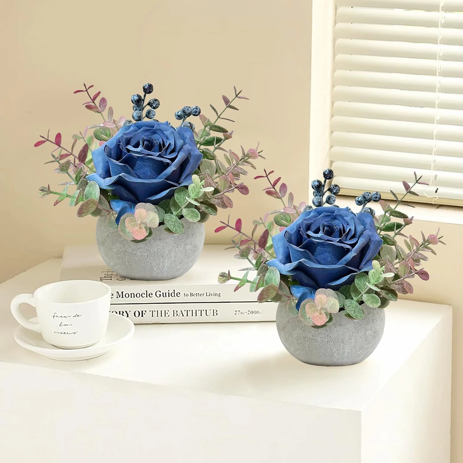 2 Pack Artificial Flowers with Pot, Blue Rose with Eucalyptus Fake Potted Flowers Small Faux House Plants for Indoor Home Office Room Desk Shelf Table Centerpieces