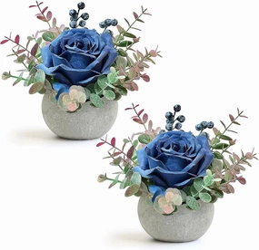 2 Pack Artificial Flowers with Pot, Blue Rose with Eucalyptus Fake Potted Flowers Small Faux House Plants for Indoor Home Office Room Desk Shelf Table Centerpieces