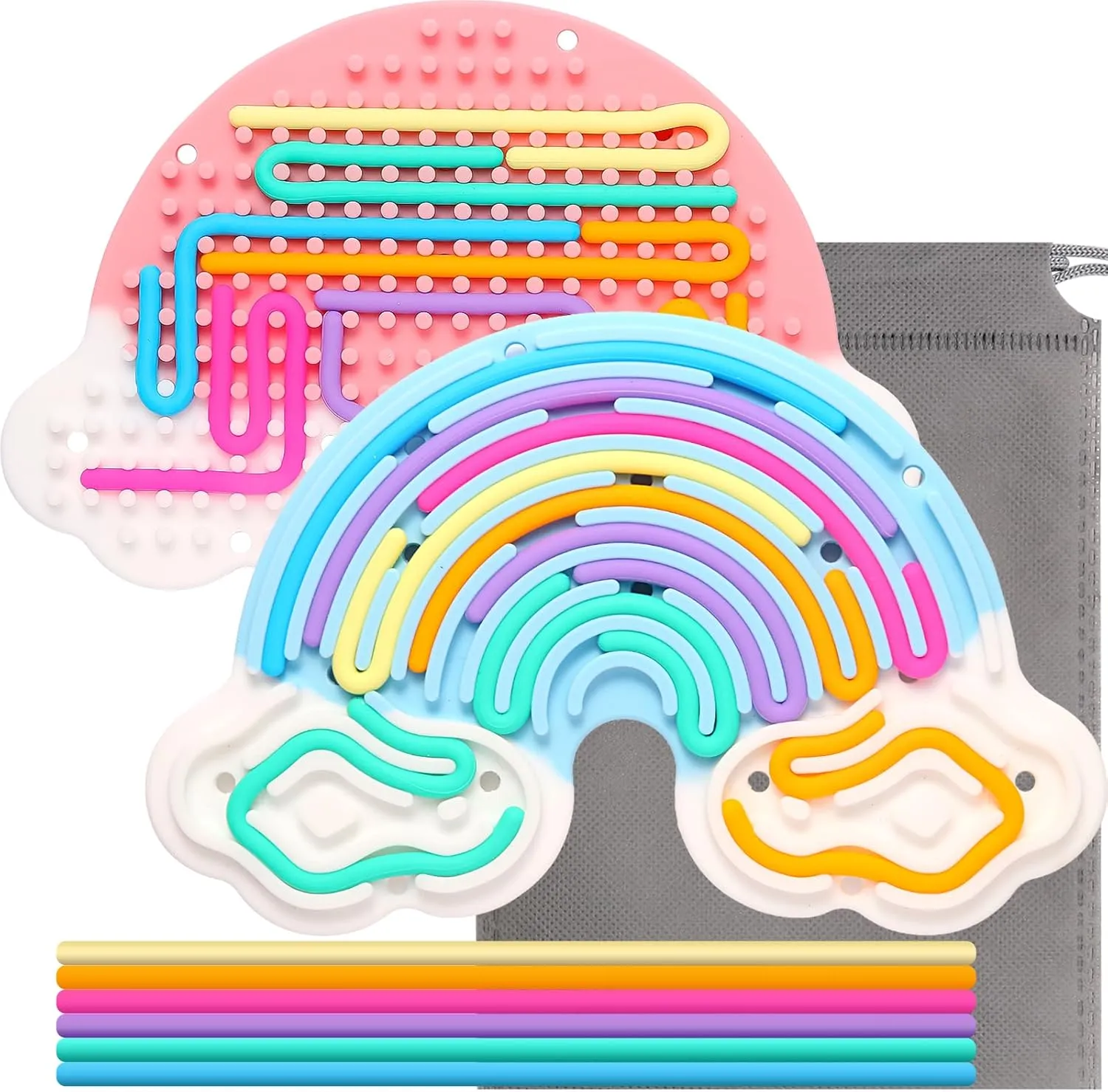 2pcs Fidget Toys Sensory Activity Board, Silicone Sensory Toys for Anxiety Autistic ADHD Calming, Kids 3  & Adults, Travel Bag & 24 Strings, Rainbow (Pink & Blue)