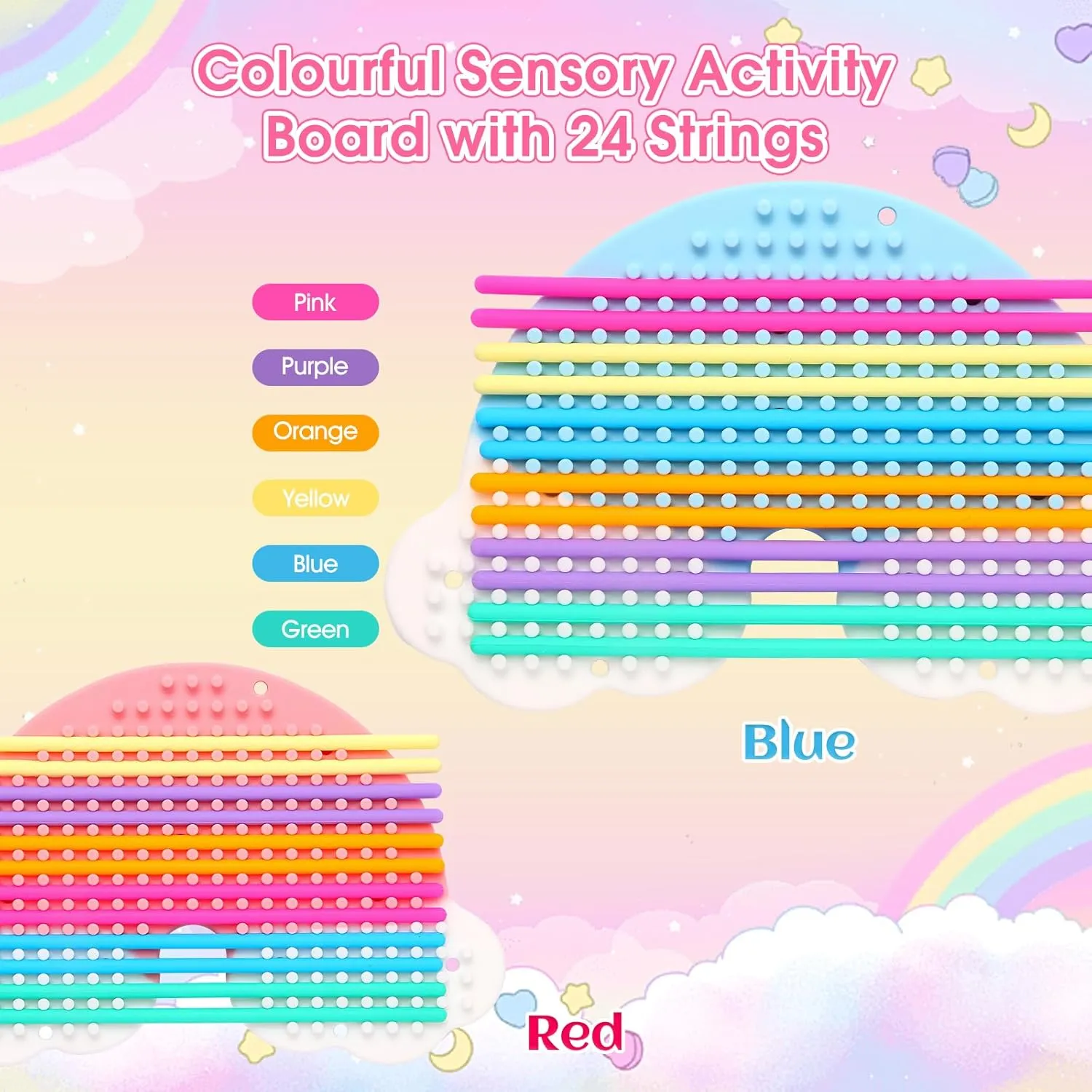 2pcs Fidget Toys Sensory Activity Board, Silicone Sensory Toys for Anxiety Autistic ADHD Calming, Kids 3  & Adults, Travel Bag & 24 Strings, Rainbow (Pink & Blue)