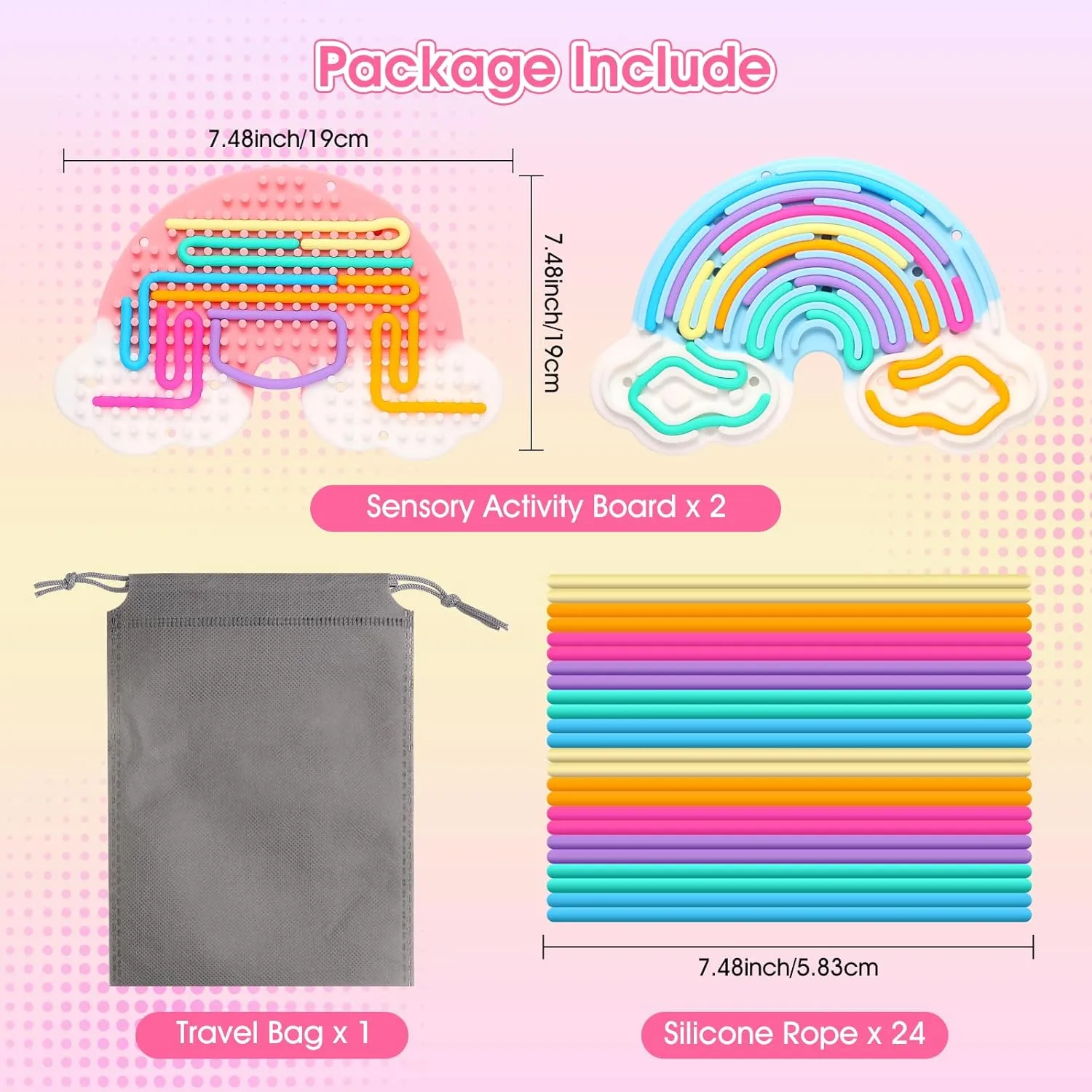 2pcs Fidget Toys Sensory Activity Board, Silicone Sensory Toys for Anxiety Autistic ADHD Calming, Kids 3  & Adults, Travel Bag & 24 Strings, Rainbow (Pink & Blue)
