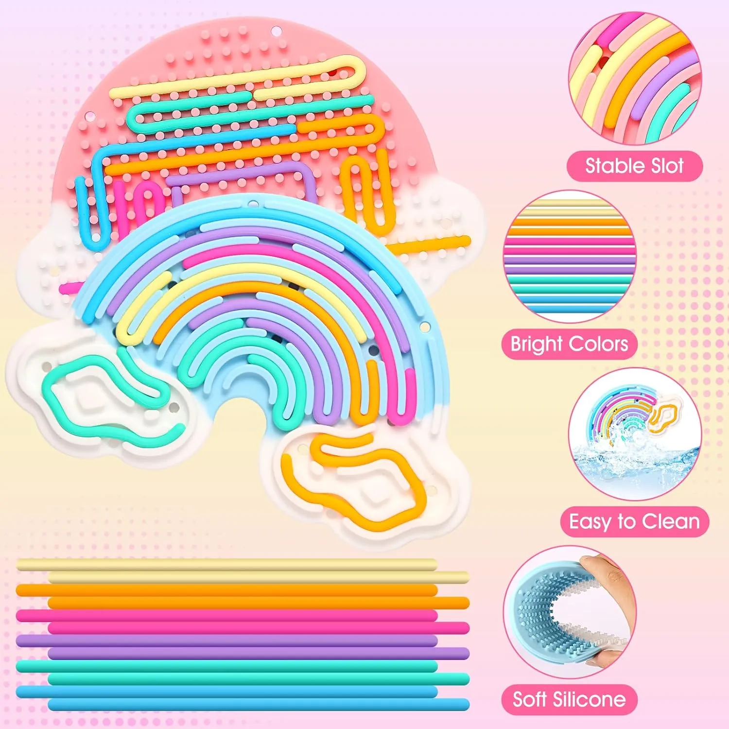 2pcs Fidget Toys Sensory Activity Board, Silicone Sensory Toys for Anxiety Autistic ADHD Calming, Kids 3  & Adults, Travel Bag & 24 Strings, Rainbow (Pink & Blue)