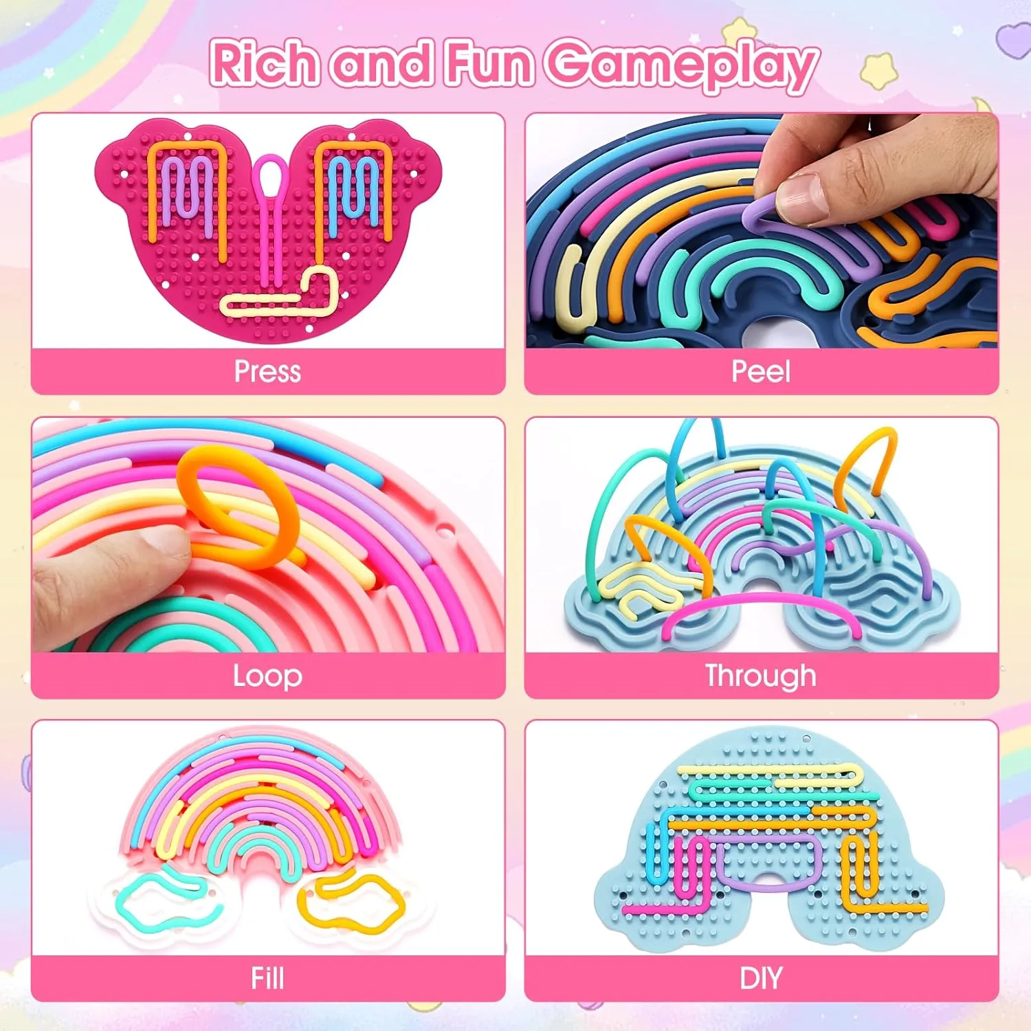 2pcs Fidget Toys Sensory Activity Board, Silicone Sensory Toys for Anxiety Autistic ADHD Calming, Kids 3  & Adults, Travel Bag & 24 Strings, Rainbow (Pink & Blue)