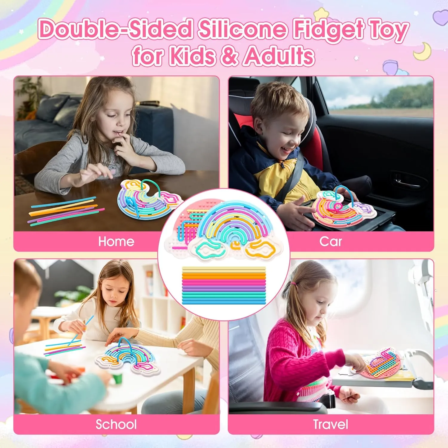 2pcs Fidget Toys Sensory Activity Board, Silicone Sensory Toys for Anxiety Autistic ADHD Calming, Kids 3  & Adults, Travel Bag & 24 Strings, Rainbow (Pink & Blue)