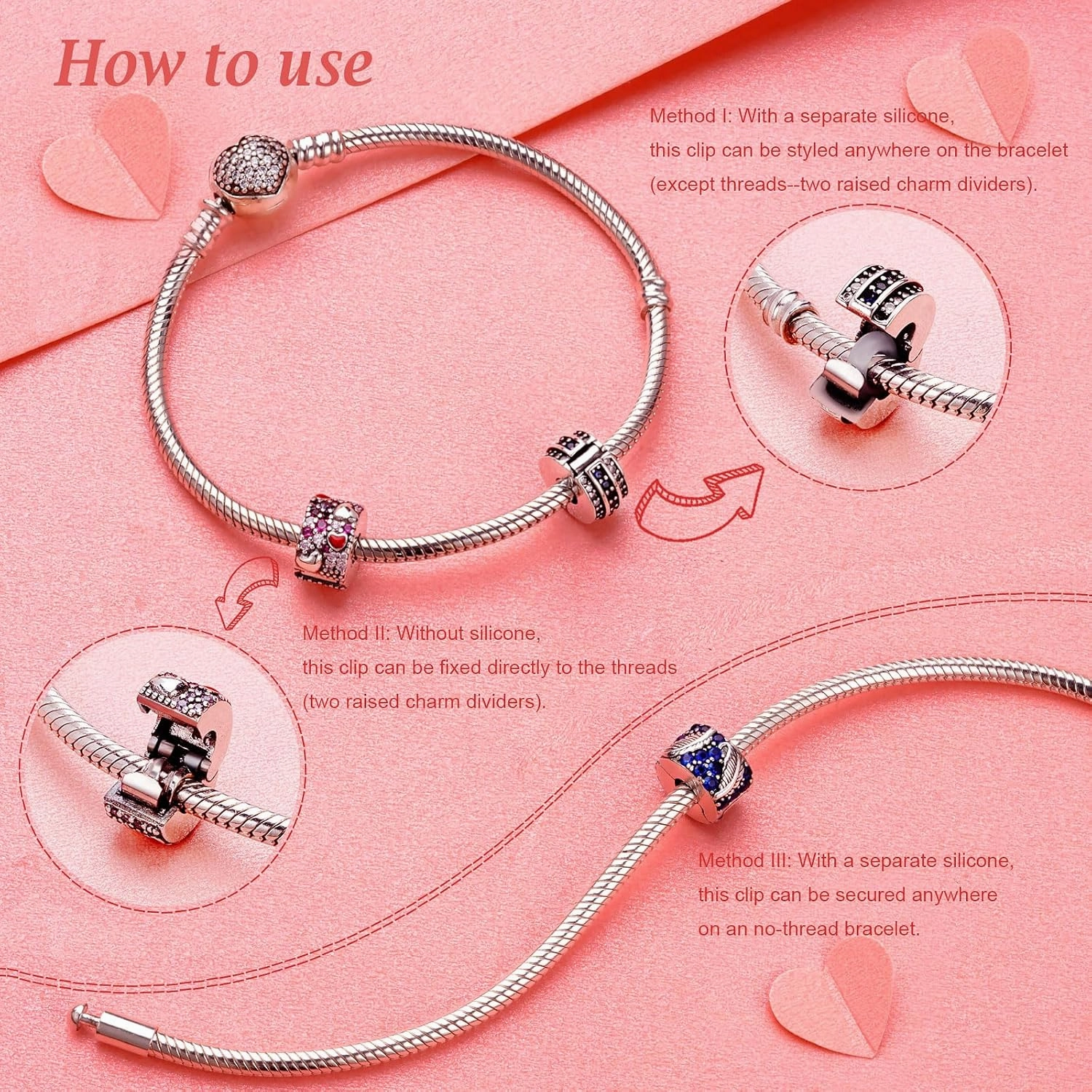 2Pcs Clip Charms for Bracelets 925 Sterling Silver with Cubic Zirconia Shell Pink Pavé Family Always Stopper Birthday Christmas Jewelry Gifts for Women