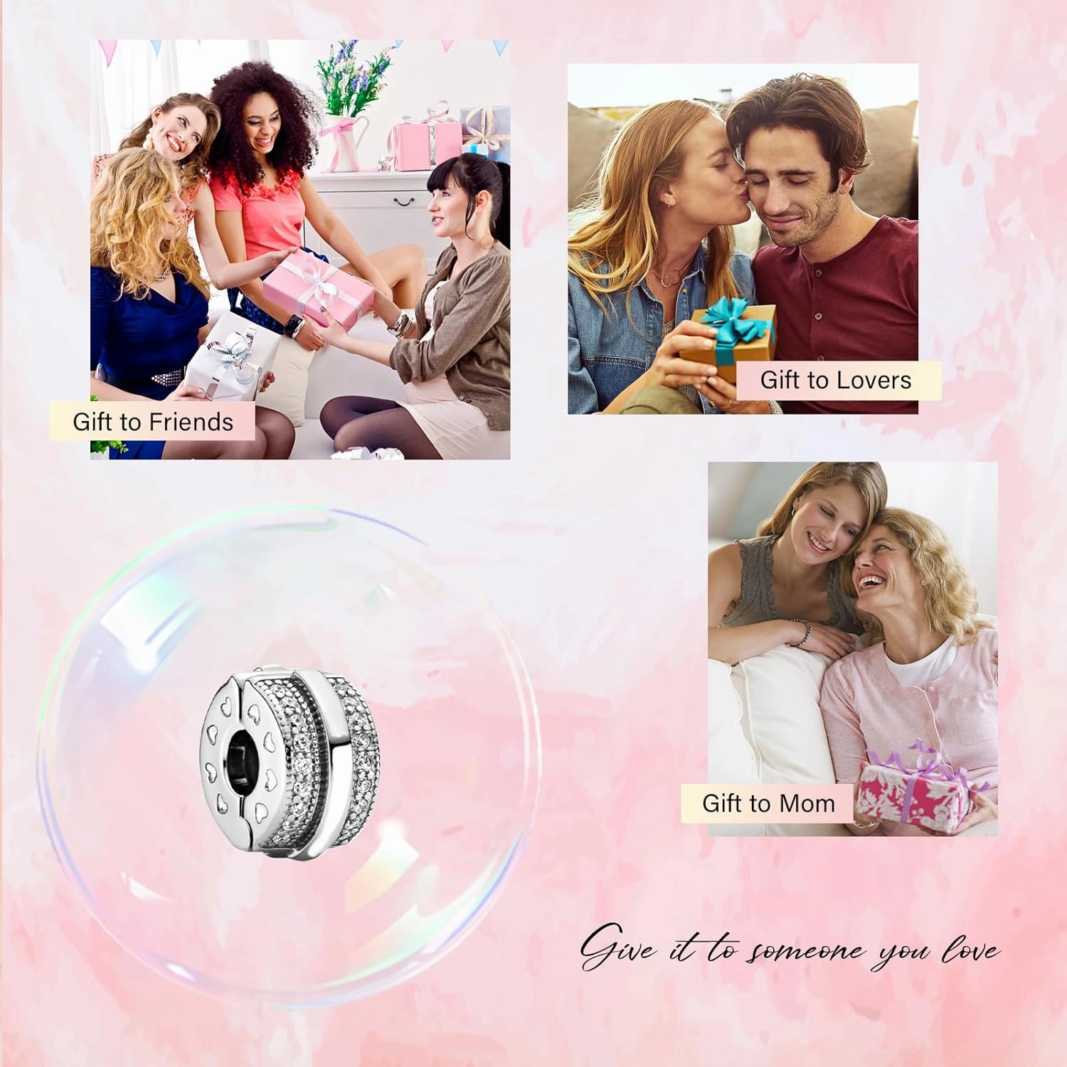 2Pcs Clip Charms for Bracelets 925 Sterling Silver with Cubic Zirconia Shell Pink Pavé Family Always Stopper Birthday Christmas Jewelry Gifts for Women