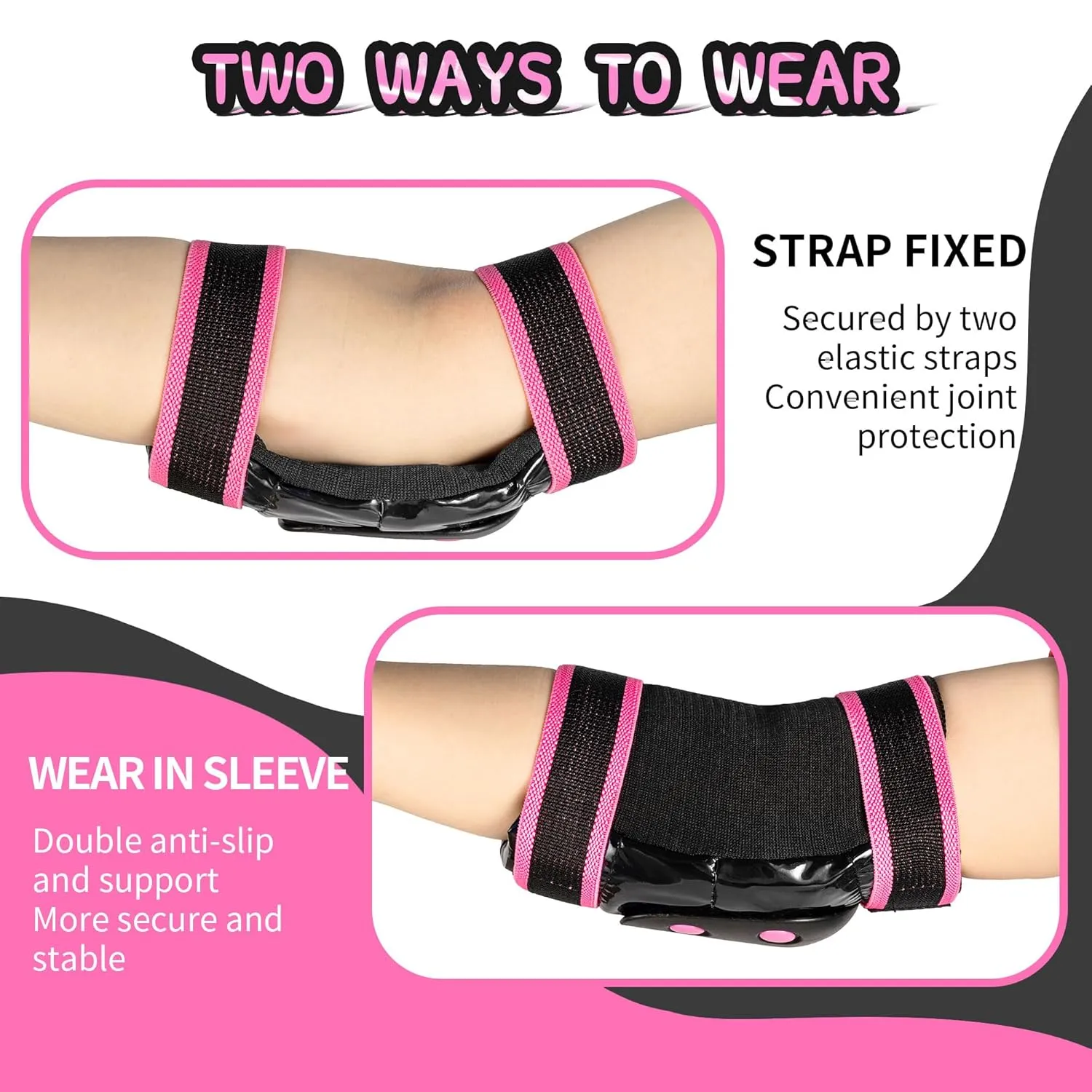 2PM SPORTS Knee Pads for Women, Wrist Guards Knee and Elbow Pads Set with Drawstring Bag, Protective Gear Set for Girls Kids Roller Skating Skateboard - Pink & Black Large