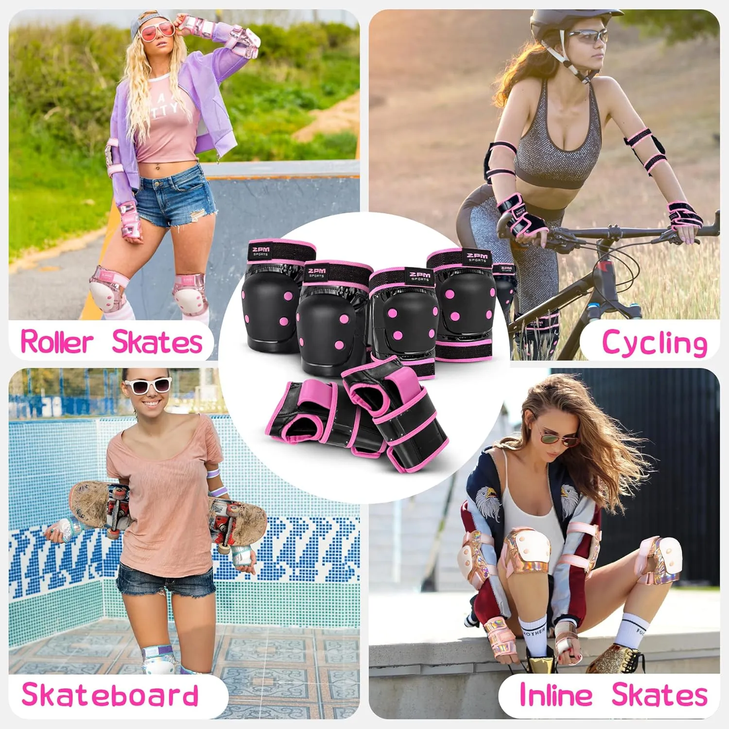 2PM SPORTS Knee Pads for Women, Wrist Guards Knee and Elbow Pads Set with Drawstring Bag, Protective Gear Set for Girls Kids Roller Skating Skateboard - Pink & Black Large
