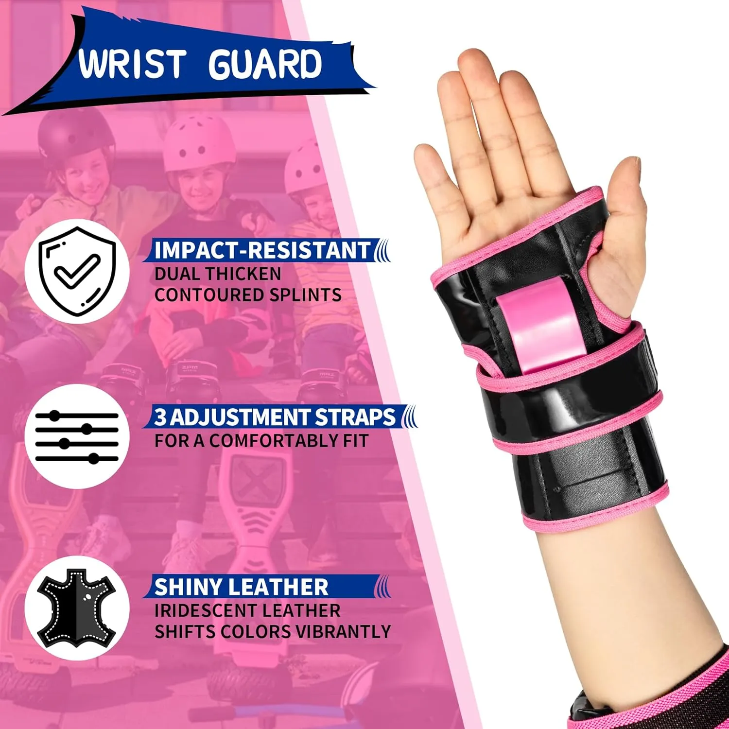 2PM SPORTS Knee Pads for Women, Wrist Guards Knee and Elbow Pads Set with Drawstring Bag, Protective Gear Set for Girls Kids Roller Skating Skateboard - Pink & Black Large