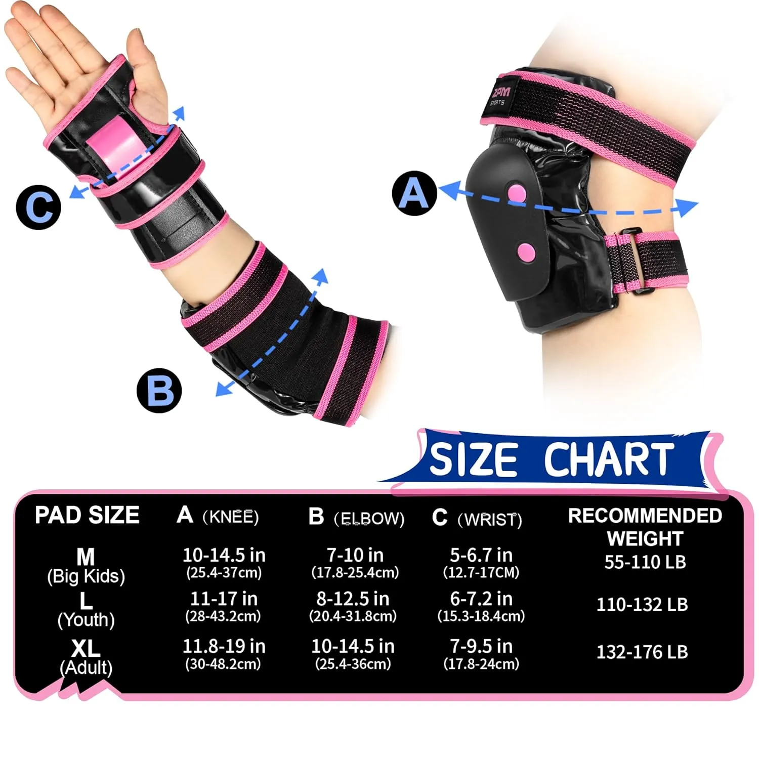 2PM SPORTS Knee Pads for Women, Wrist Guards Knee and Elbow Pads Set with Drawstring Bag, Protective Gear Set for Girls Kids Roller Skating Skateboard - Pink & Black Large