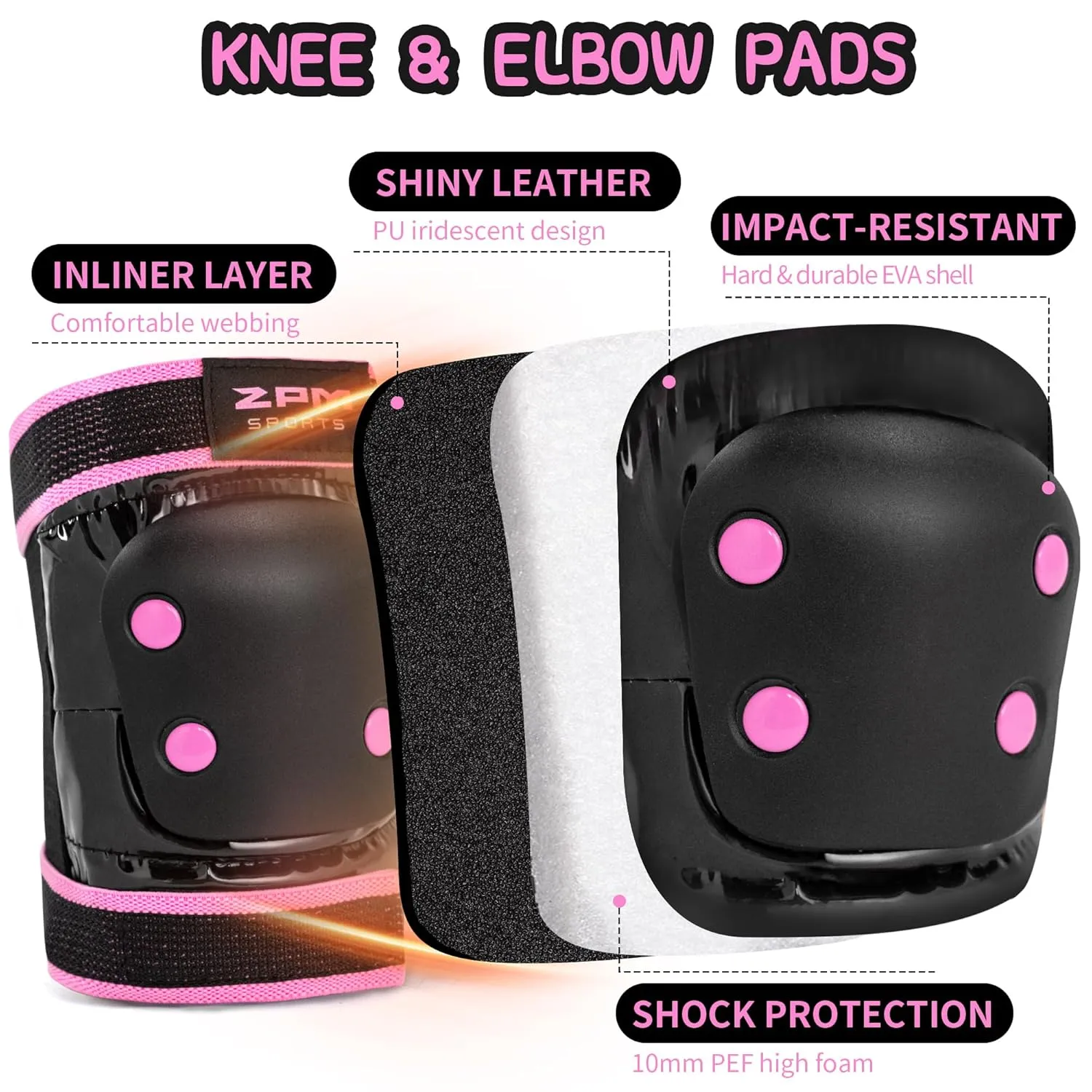 2PM SPORTS Knee Pads for Women, Wrist Guards Knee and Elbow Pads Set with Drawstring Bag, Protective Gear Set for Girls Kids Roller Skating Skateboard - Pink & Black Large
