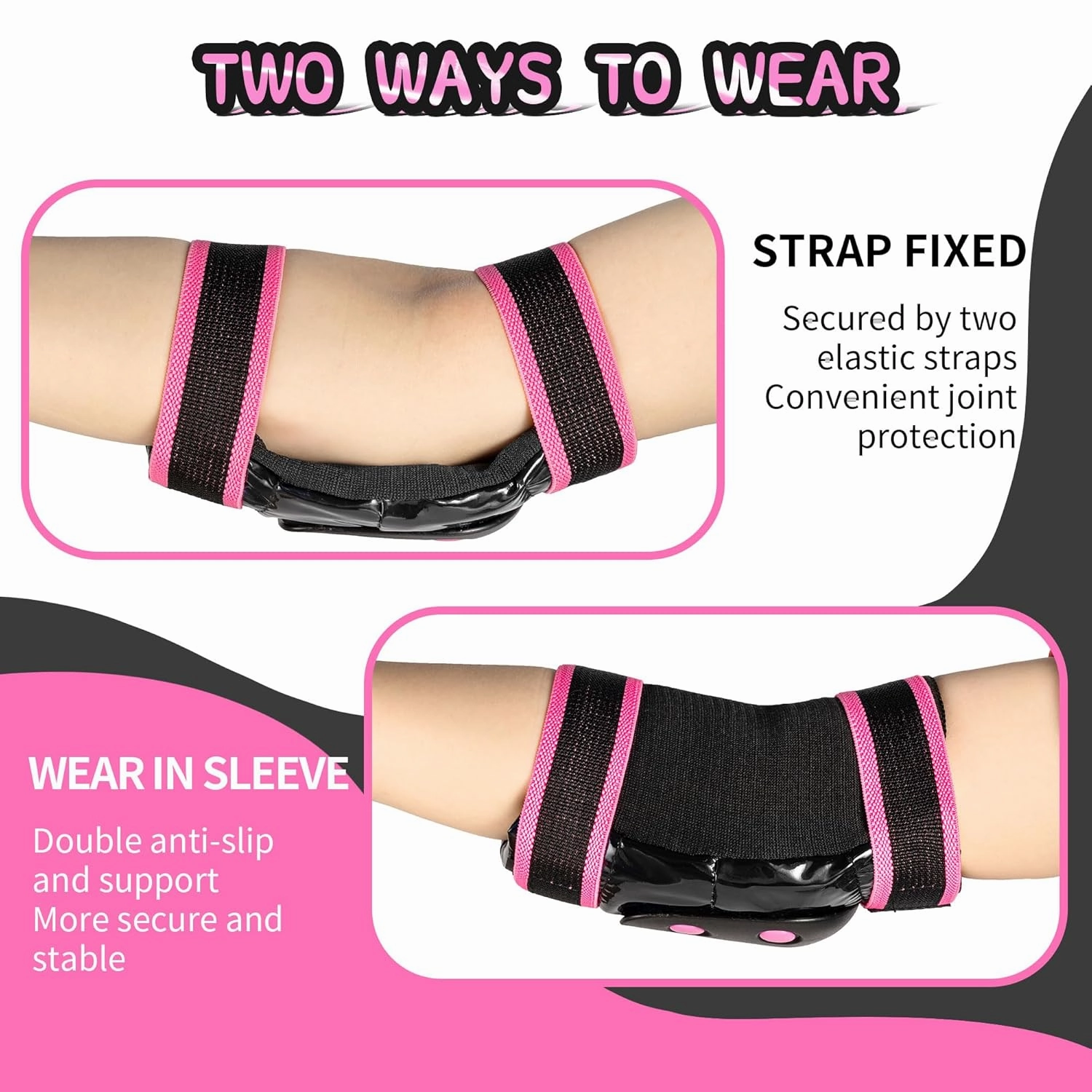 2PM SPORTS Knee Pads for Women, Wrist Guards Knee and Elbow Pads Set with Drawstring Bag, Protective Gear Set for Girls Kids Roller Skating Skateboard - Pink & Black Medium