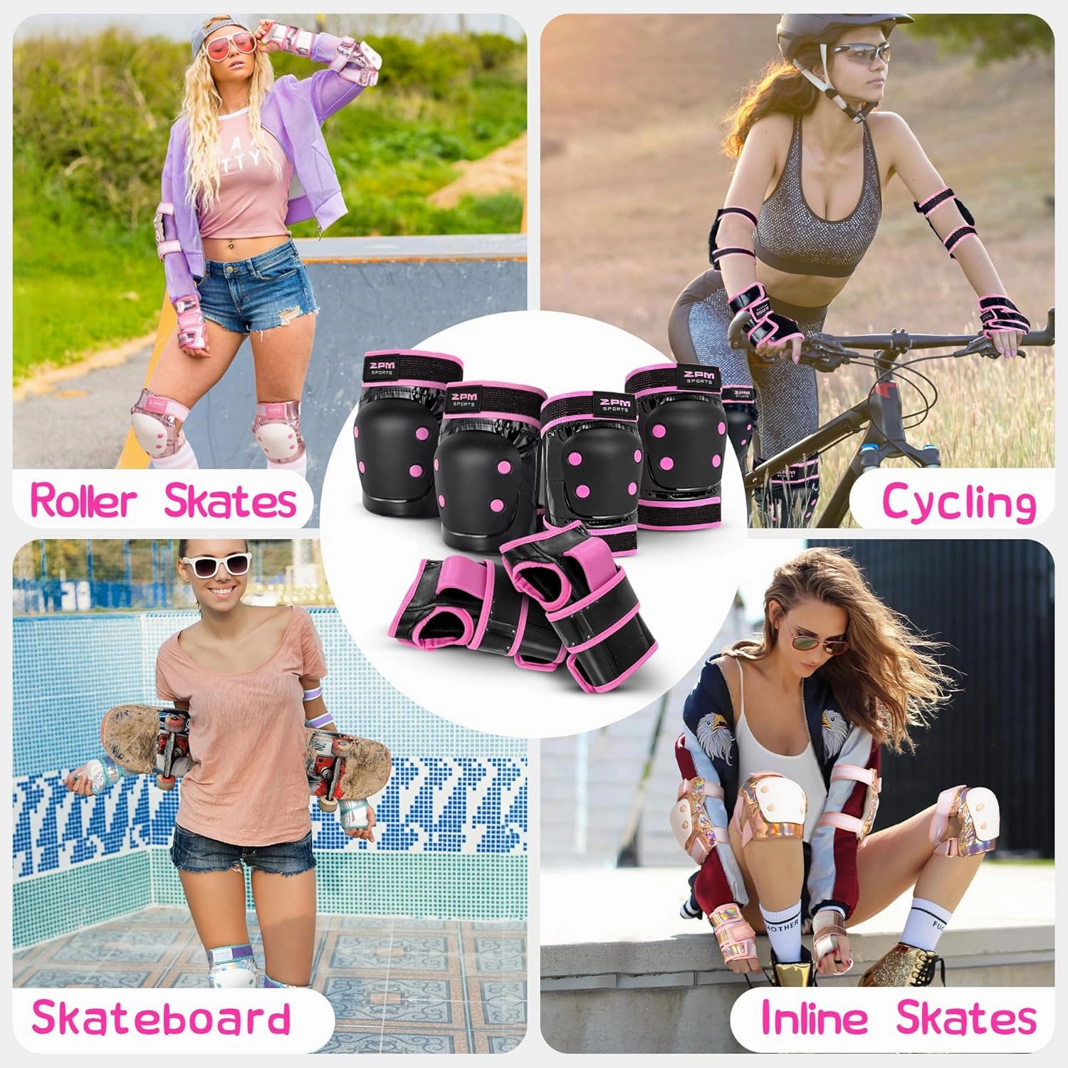 2PM SPORTS Knee Pads for Women, Wrist Guards Knee and Elbow Pads Set with Drawstring Bag, Protective Gear Set for Girls Kids Roller Skating Skateboard - Pink & Black Medium