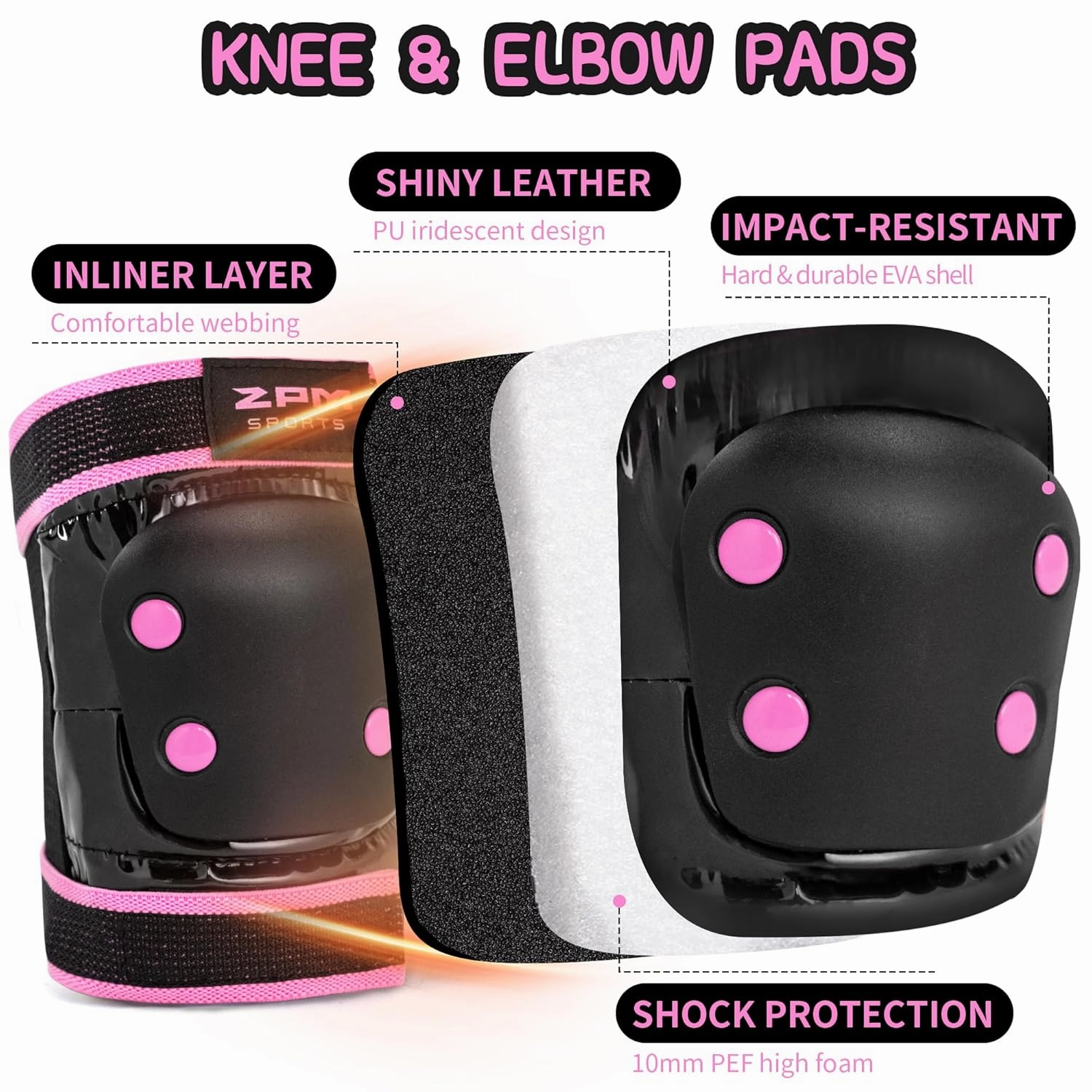 2PM SPORTS Knee Pads for Women, Wrist Guards Knee and Elbow Pads Set with Drawstring Bag, Protective Gear Set for Girls Kids Roller Skating Skateboard - Pink & Black Medium