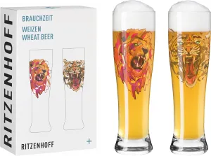 3481011 Wheat Beer Glass 500 ml Set of 2 with Animal Motif, Multicoloured Digital Print, Pink, Brown, Green