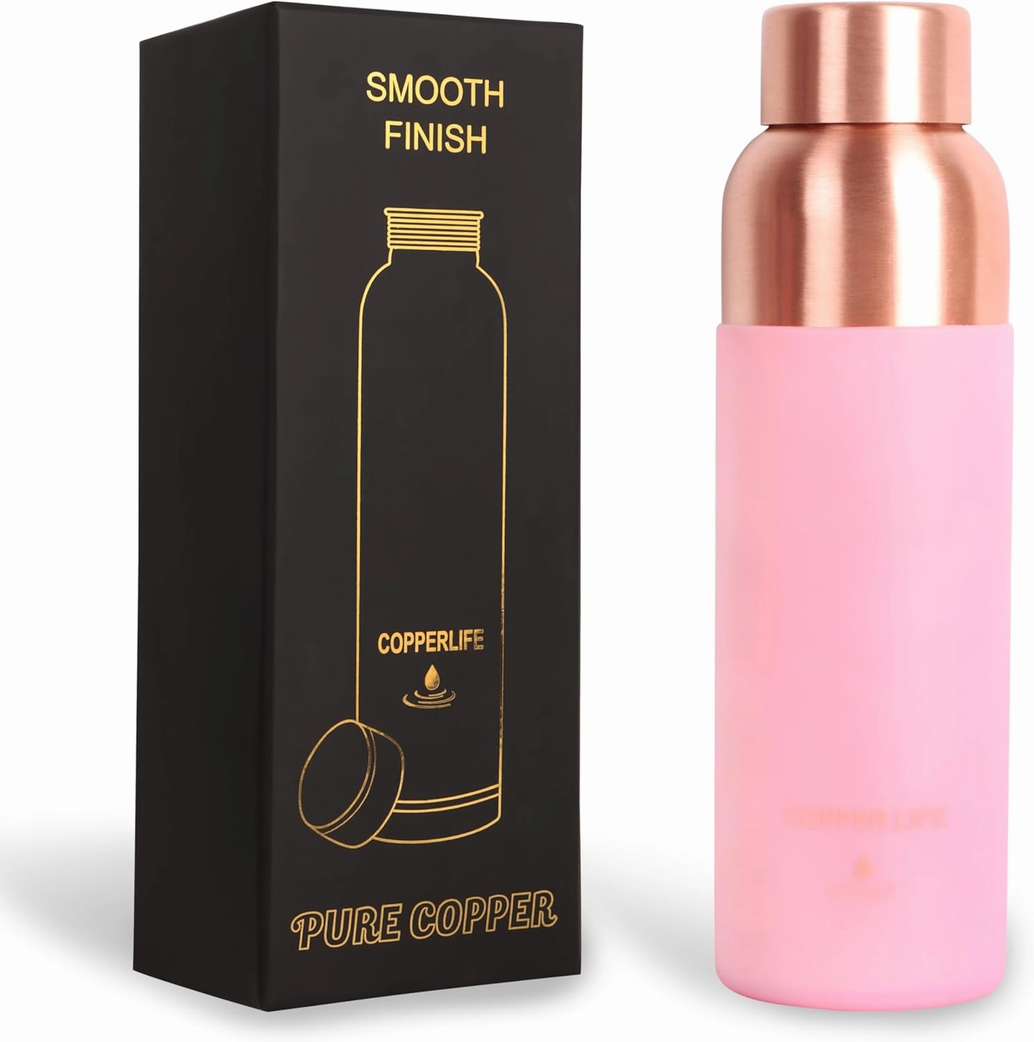 34 Ounces Pure Copper Water Bottle | Handcrafted, Leak-Proof, Eco-Friendly, Health-Boosting Bottle with Silicon Grip | Stylish, Reusable, Perfect for Hydration & Wellness (Pink Silicon Grip)
