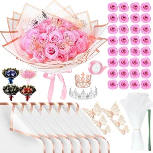 36 Pcs Glitter Roses Bouquet Graduation Gifts Artificial Rose DIY Flower Bouquet Kit Birthday Gifts Flower Wrapping Paper 3D Butterflies Crowns for Anniversary (Pink)