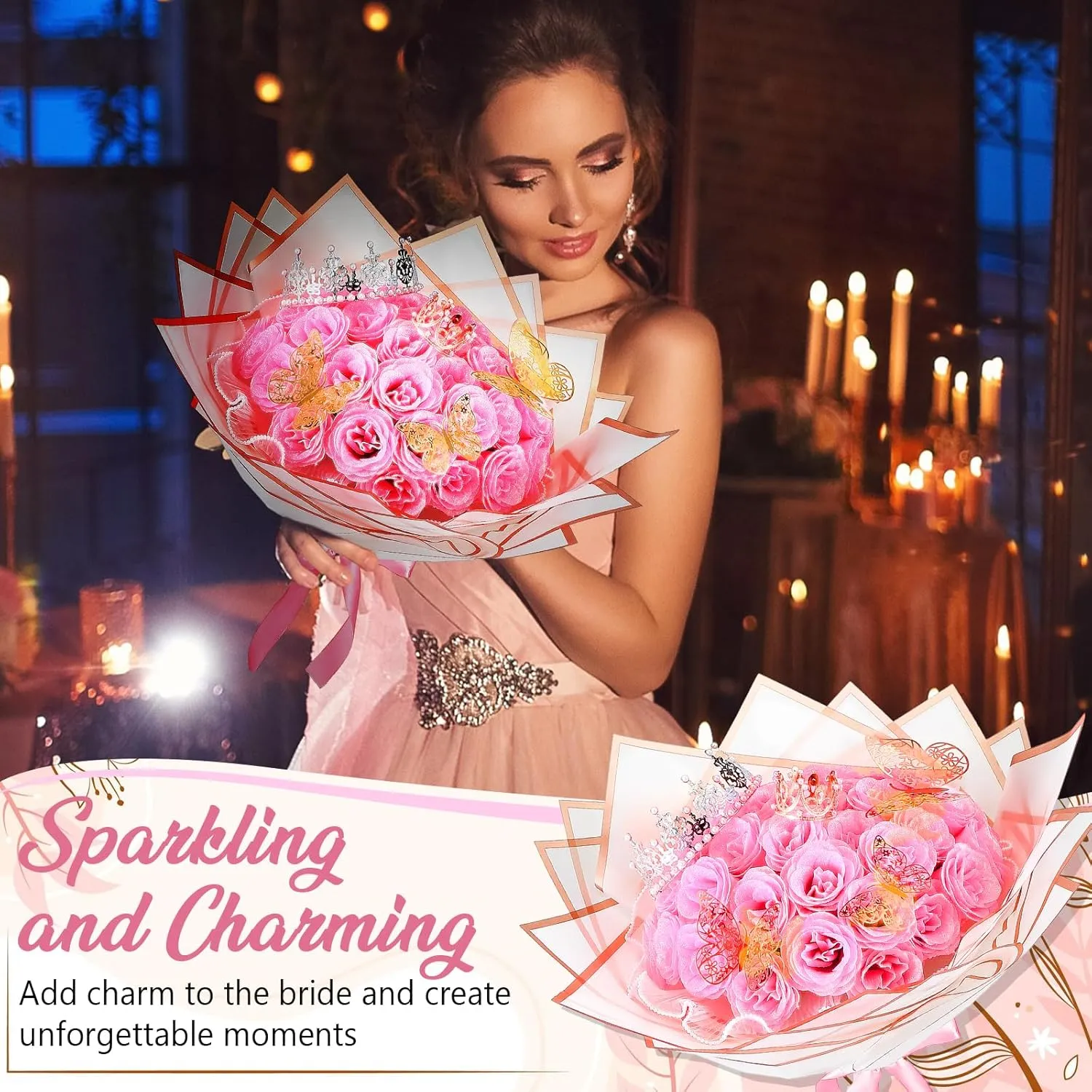 36 Pcs Glitter Roses Bouquet Graduation Gifts Artificial Rose DIY Flower Bouquet Kit Birthday Gifts Flower Wrapping Paper 3D Butterflies Crowns for Anniversary (Pink)