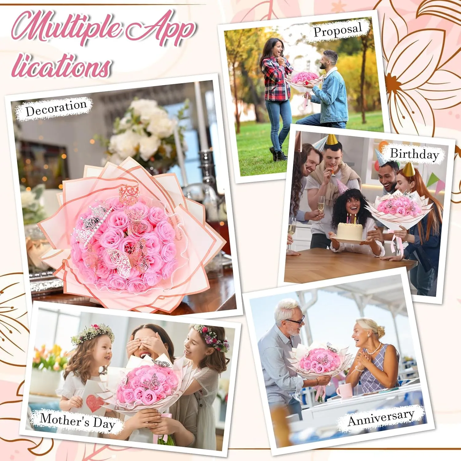 36 Pcs Glitter Roses Bouquet Graduation Gifts Artificial Rose DIY Flower Bouquet Kit Birthday Gifts Flower Wrapping Paper 3D Butterflies Crowns for Anniversary (Pink)