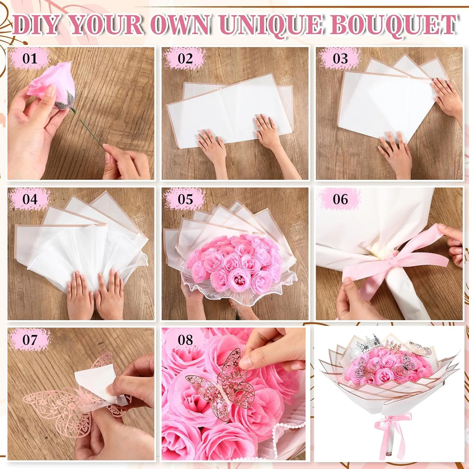 36 Pcs Glitter Roses Bouquet Graduation Gifts Artificial Rose DIY Flower Bouquet Kit Birthday Gifts Flower Wrapping Paper 3D Butterflies Crowns for Anniversary (Pink)