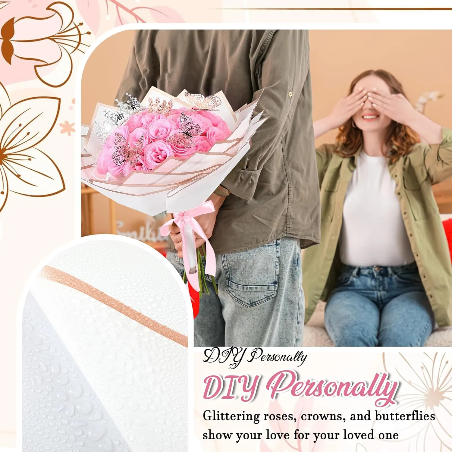 36 Pcs Glitter Roses Bouquet Graduation Gifts Artificial Rose DIY Flower Bouquet Kit Birthday Gifts Flower Wrapping Paper 3D Butterflies Crowns for Anniversary (Pink)