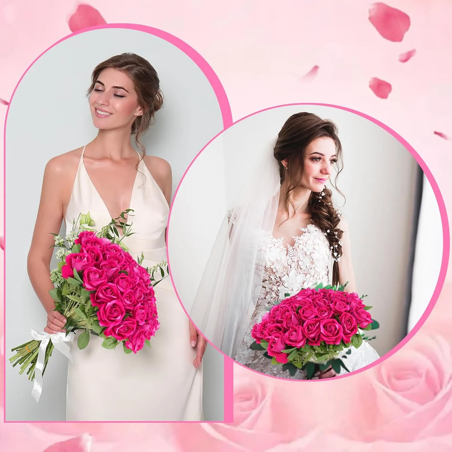 36 Pcs Velvet Silk Hot Pink Rose Bouquet Bridal Artificial Flowers,Fake Rose Long Stem Realistic Artificial Flowers Bulk for Wedding Bouquet Ball Arrangement Centerpiece Party Decor(Hot Pink)
