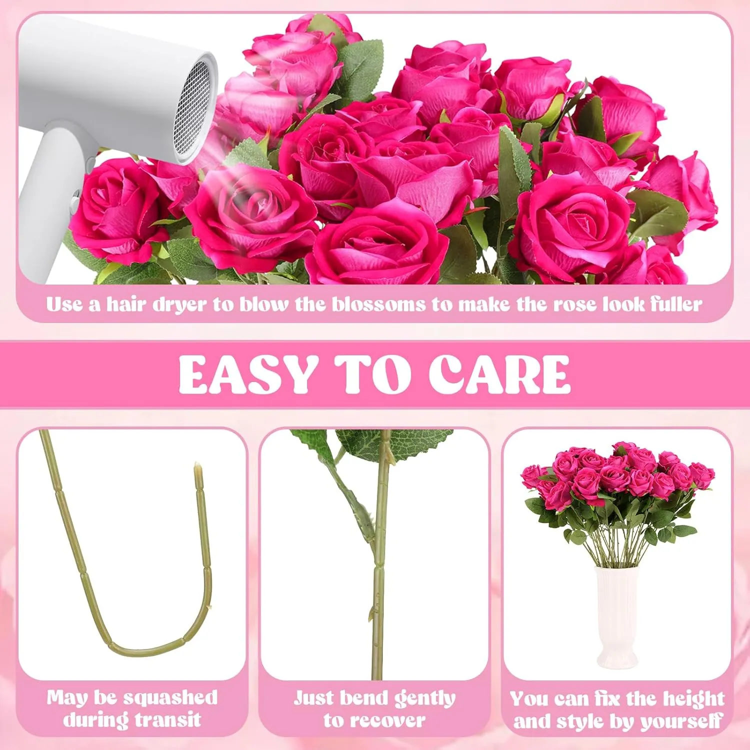 36 Pcs Velvet Silk Hot Pink Rose Bouquet Bridal Artificial Flowers,Fake Rose Long Stem Realistic Artificial Flowers Bulk for Wedding Bouquet Ball Arrangement Centerpiece Party Decor(Hot Pink)