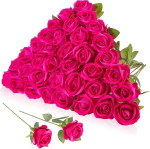 36 Pcs Velvet Silk Hot Pink Rose Bouquet Bridal Artificial Flowers,Fake Rose Long Stem Realistic Artificial Flowers Bulk for Wedding Bouquet Ball Arrangement Centerpiece Party Decor(Hot Pink)
