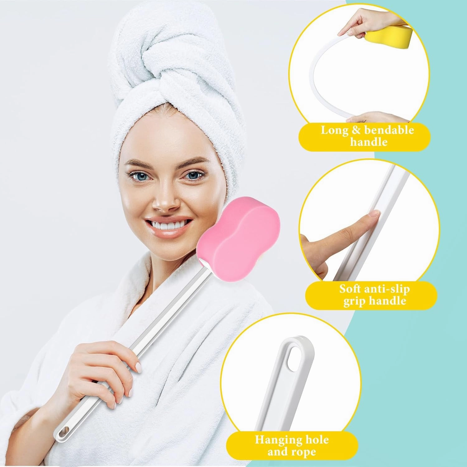 3 Pieces Long Handle Sponge 22.4'' Back Sponge on a Stick Body Brush Handled Washer Scrubber for Foot Body Limited Motion (Pink, Blue, Yellow)