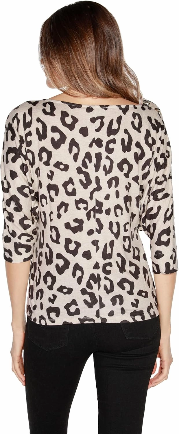 3 Quarter Sleeve Top for Women Leopard Print Top with Grommets