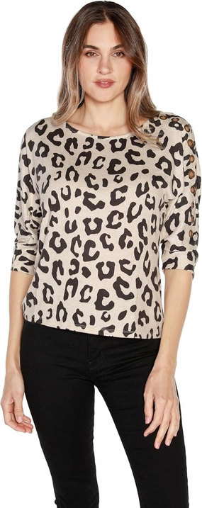 3 Quarter Sleeve Top for Women Leopard Print Top with Grommets
